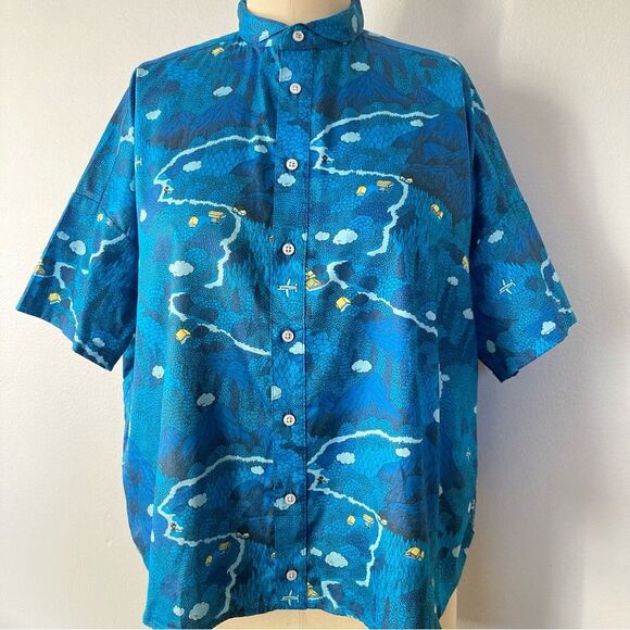 Marble Sud Womens Top Button Up Oversized Boxy Drop Shoulder Bear Mountain Plane - Picture 1 of 8